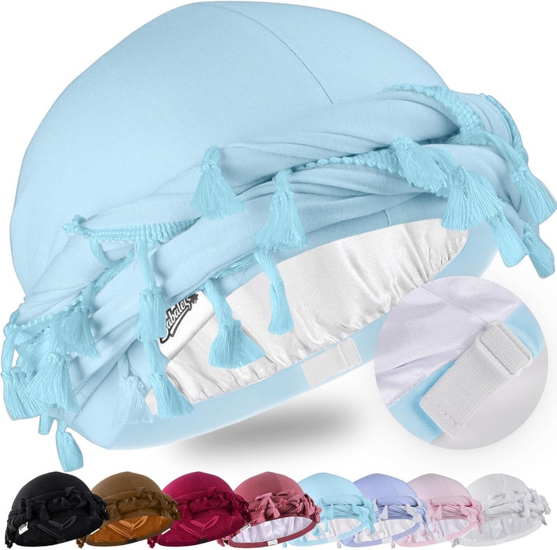 Babalet Store Halo Turban for Men Women Satin Lined Durag Head Wraps Skull Cap Pre-Tied Tassels Braid Beanie Vintage Twist Bonnet - Image 1